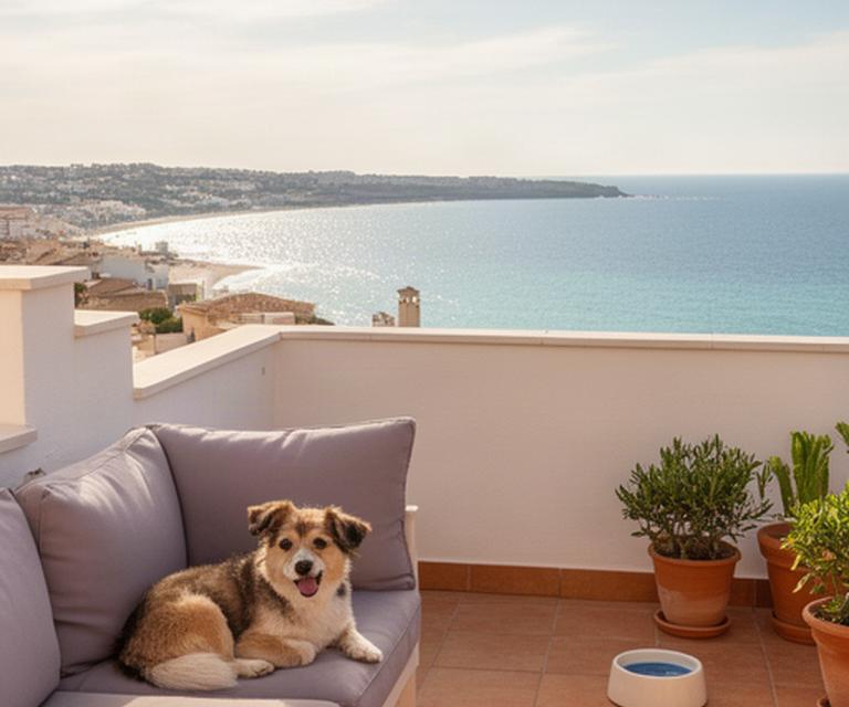Perro pequeño descansando en una terraza luminosa con vistas al mar en Vinaròs