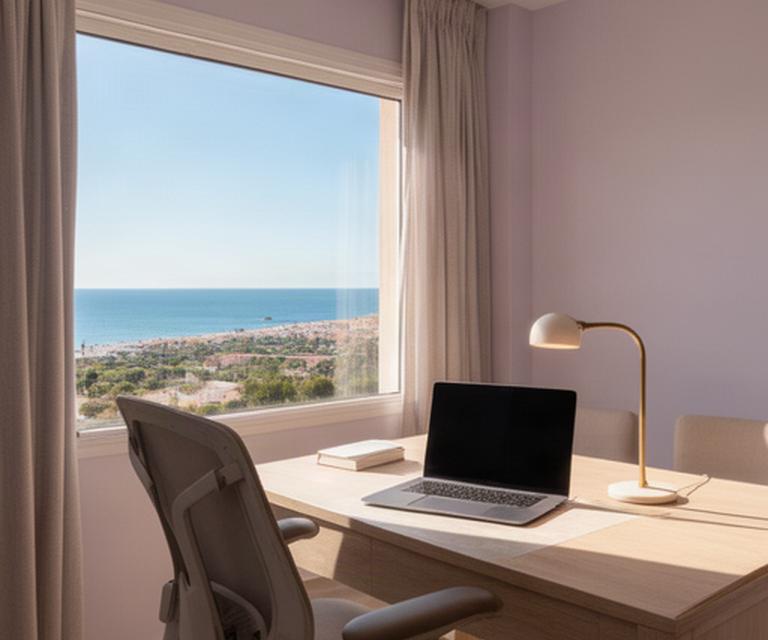 Escritorio con portátil frente a una ventana con vistas al mar de Vinaròs