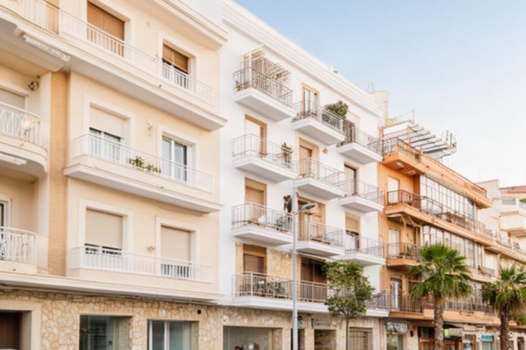 Fachada del edificio Paseo en Vinaròs junto a varios apartamentos contiguos para grupos de vacaciones