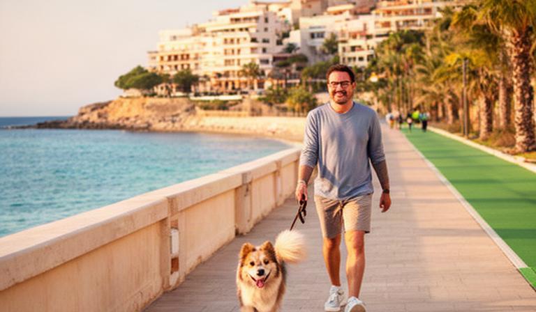 Perro paseando cerca del paseo marítimo junto al apartamento Mar y Patas en Vinaròs